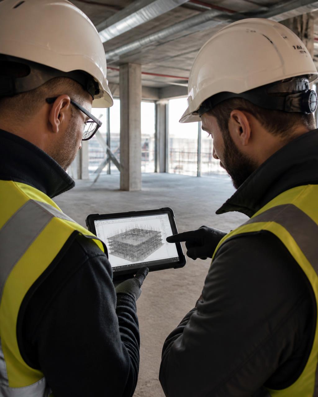 Two engineers in high-visibility vests reviewing a structural model on a rugged tablet on site
