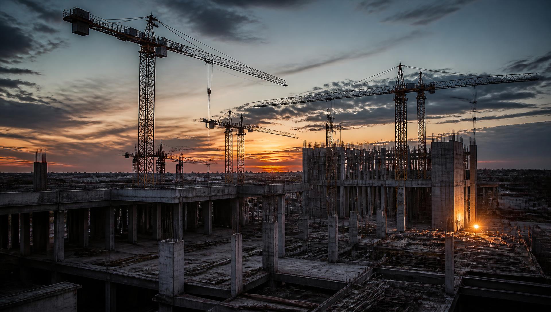 Concrete high-rise structure under construction at dusk with tower cranes overhead
