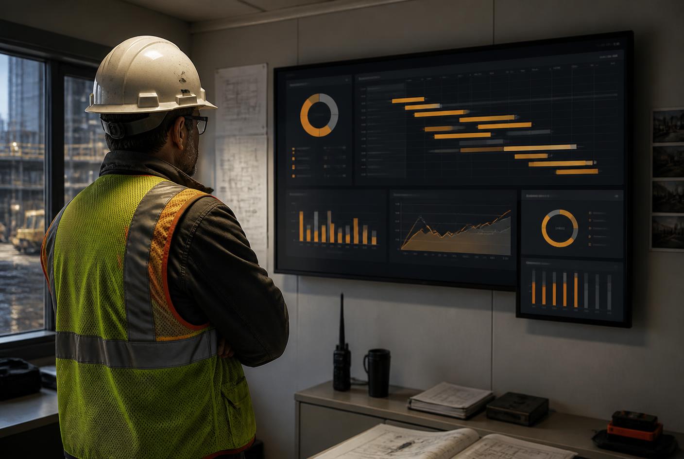 Site supervisor reviewing a project schedule and progress dashboard on a screen in a site office