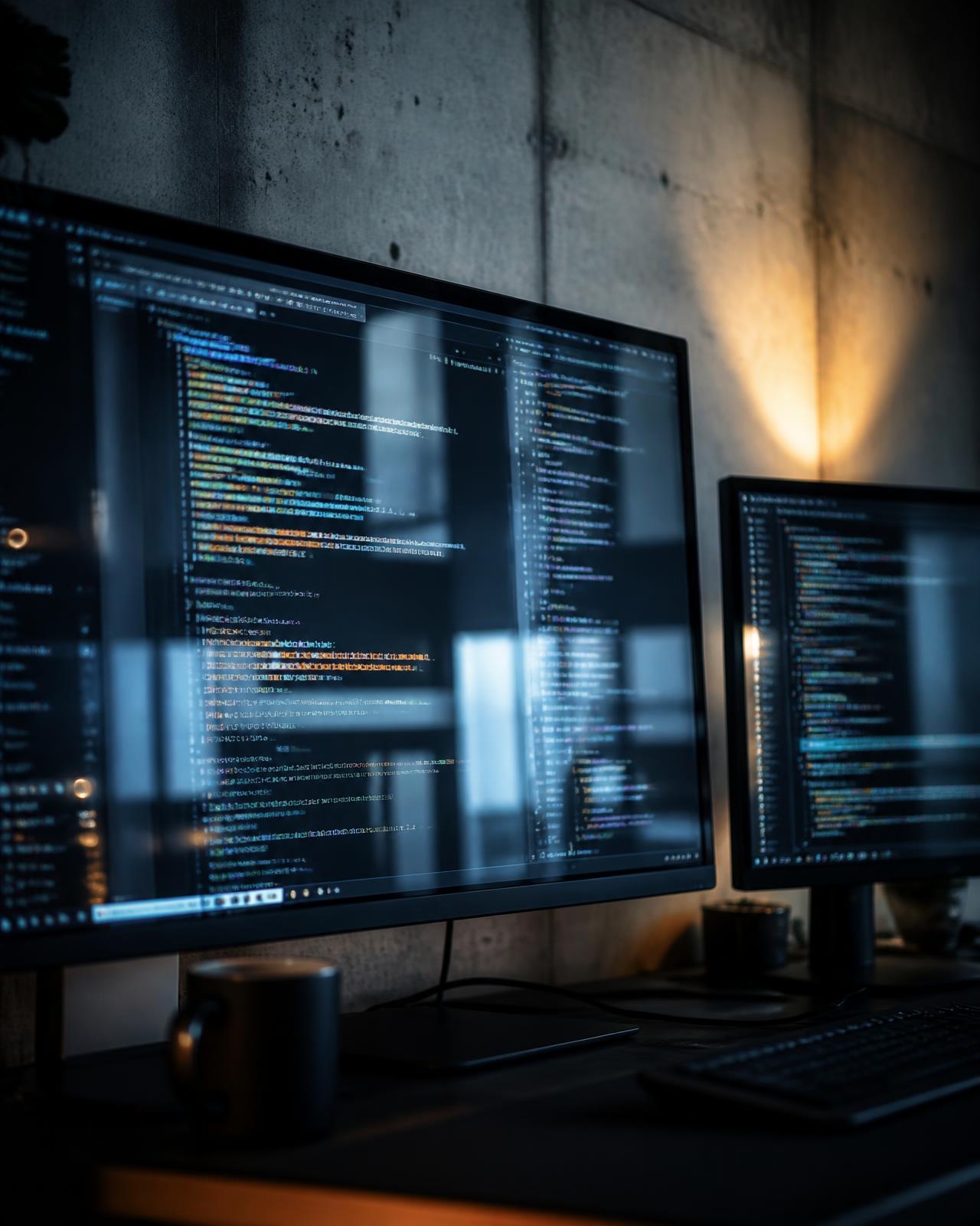 Developer workstation with code editors in a concrete-walled engineering office