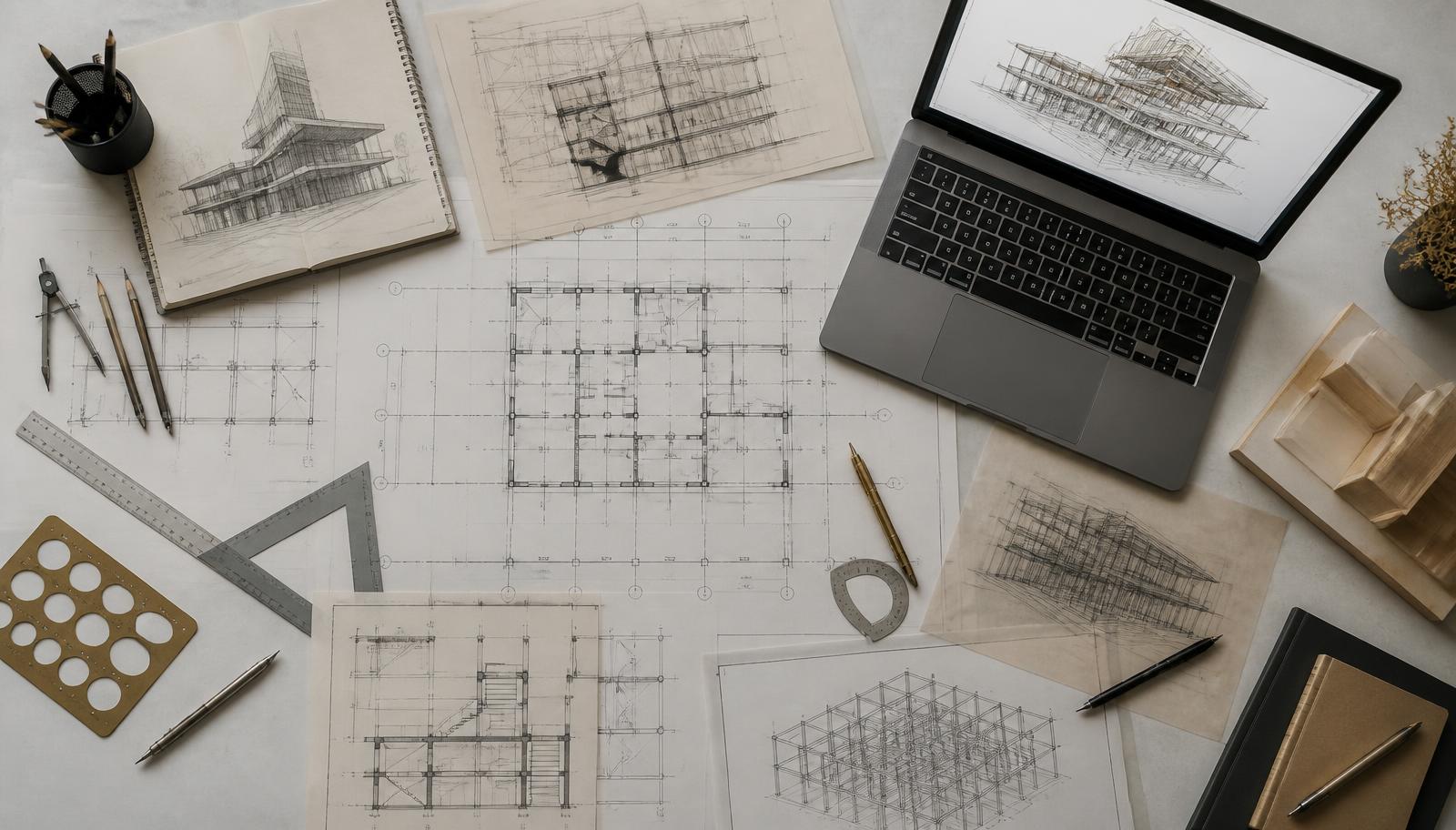 Architectural drawings, drafting instruments and a laptop showing building model wireframes